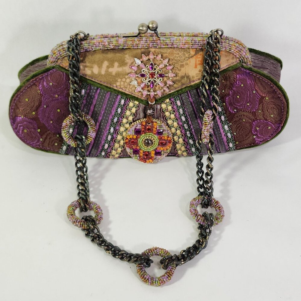 Mary Frances Embellished Handbag Multicolor Plum Purse Kiss Lock Clamp Beaded